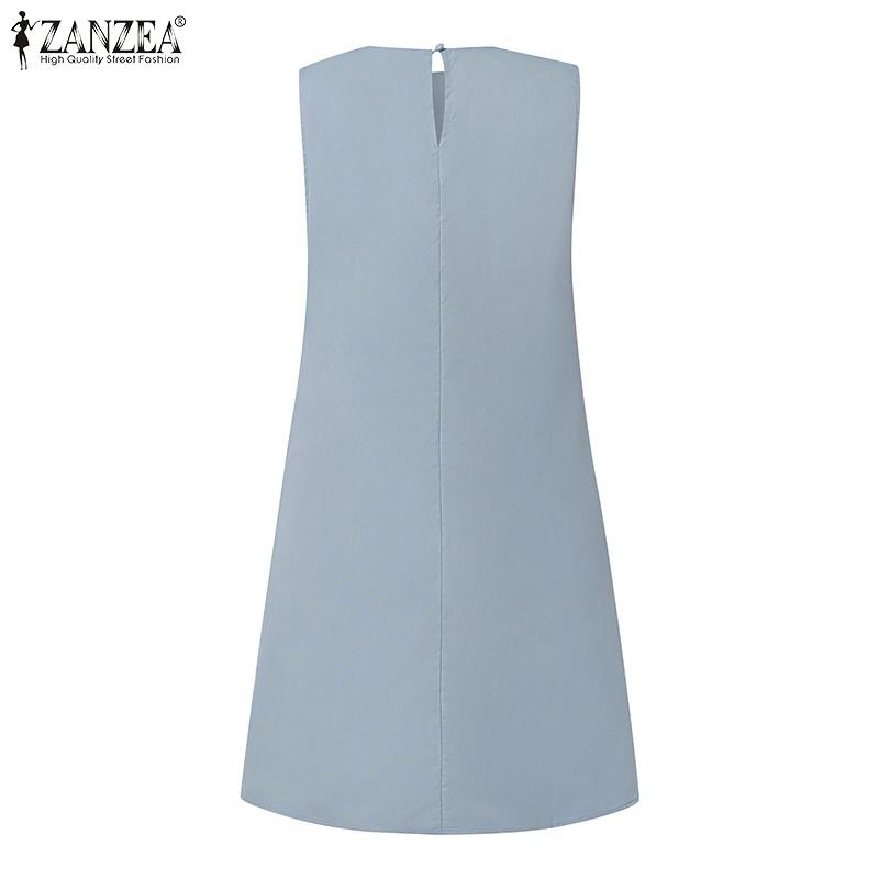 ZANZEA Women Summer Sleeveless Crew Neck Knee Length Dresses