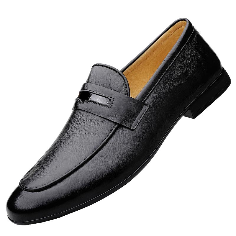 

Fashion 2025 New Fashion Men Genuine Leather Flat Loafers Commute Slip-on Business Shoes Solid Casual Leather Simple Soft Bottom Shoes 45 чёрный