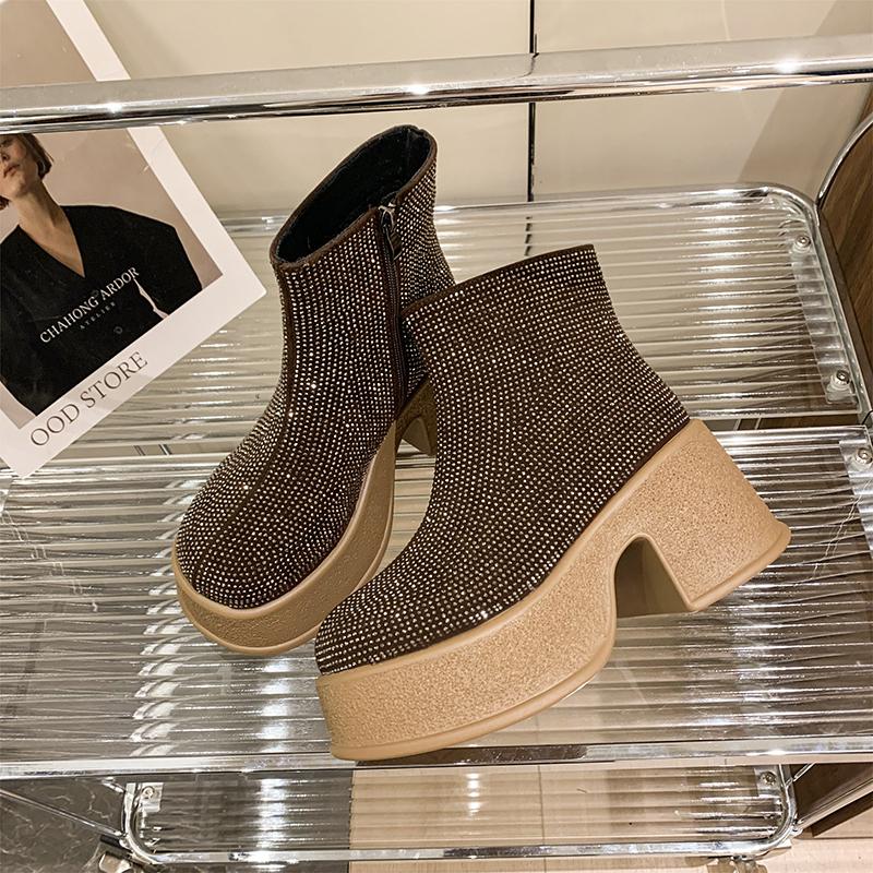 Fashion Women's Round Head Full Drilling Side Zipper Thick Sole Anti-slip Wear-resistant Short Boots Winter New Thick Heel Boots