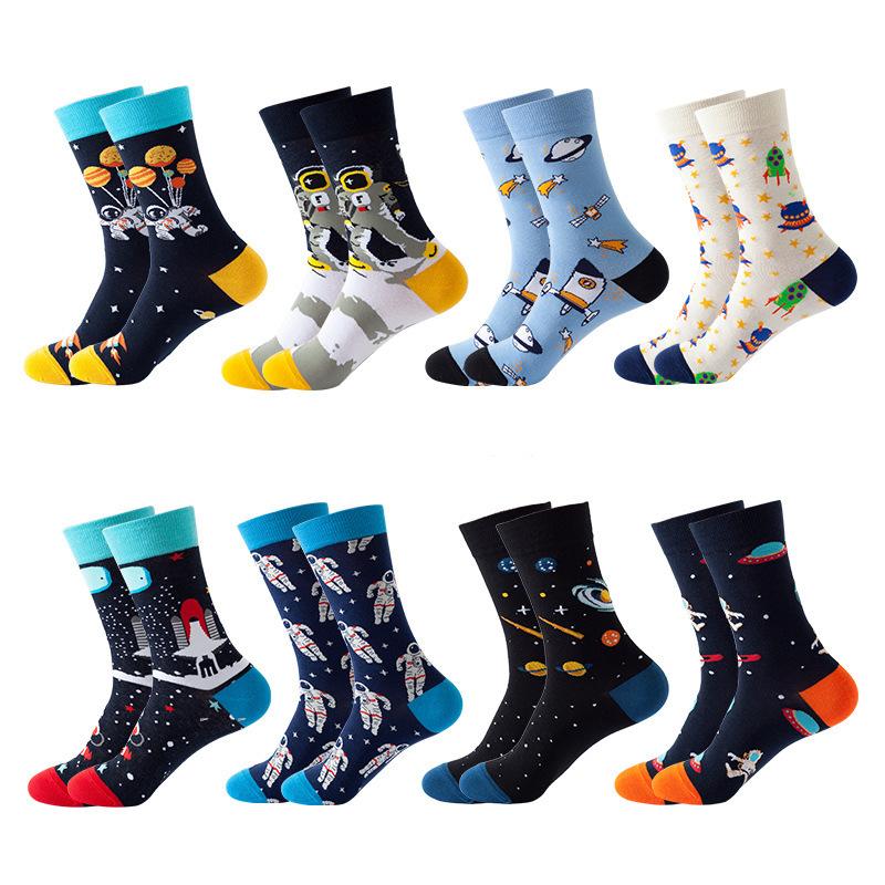 1Pair Funny Ins Astronaut Airplane Heavenly Body Middle Tube Men Happy Socks Streetwear Cotton Male Skateboard Boys Adult Sox