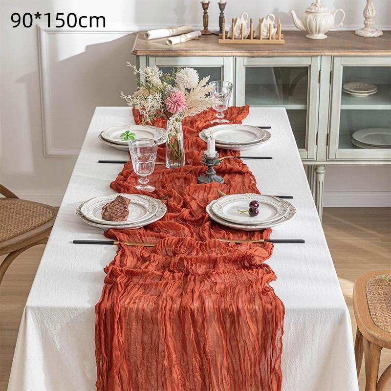 Boho Gauze Table Runner Crinkled Cheesecloth Reusable 14ft Long for Holiday Gathering Rustic Wedding Decor