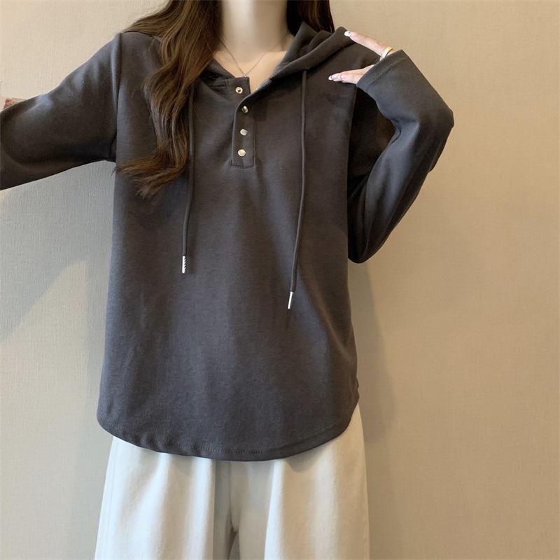 Plus Size Women Casual Hooded Long Sleeve Solid T Shirt Top