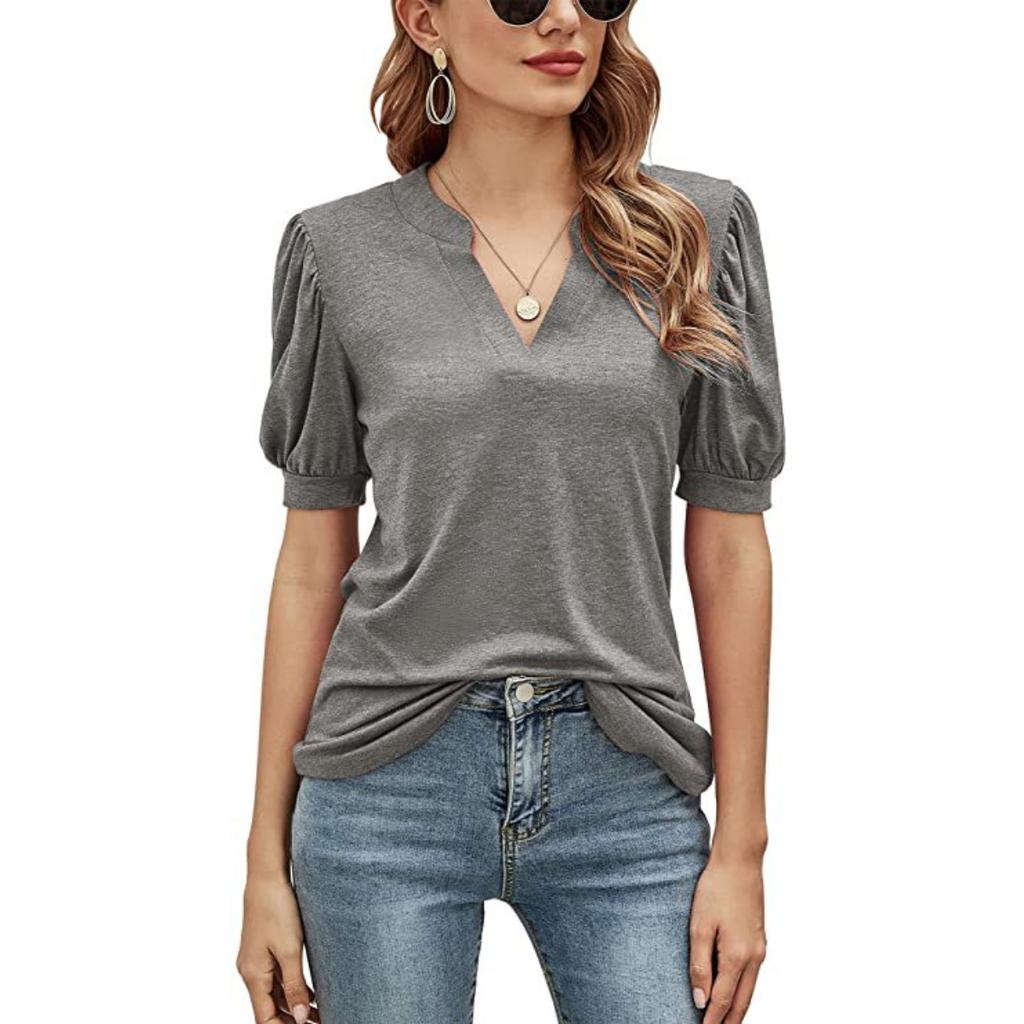 Summer Women's Casual V-Neck Solid Color Puff Sleeve Loose T-Shirt Top for Women European & American Crossborder Apparel