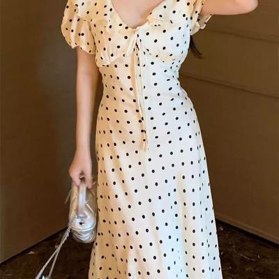 Real Shot~ Lotus Leaf Edge Bubble Sleeve Polka Dot Dress Children's Summer New French Temperament Waist Dress