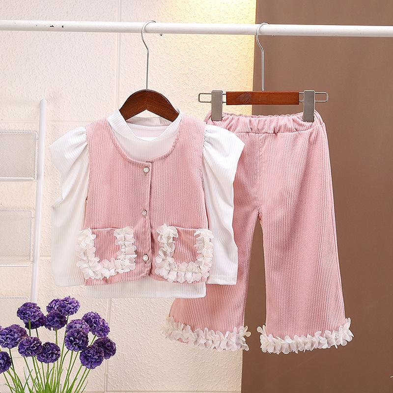 Girls Autumn Fashion Corduroy Vest Long Sleeve Three Piece Set Stylish Kids Outfit 80cm