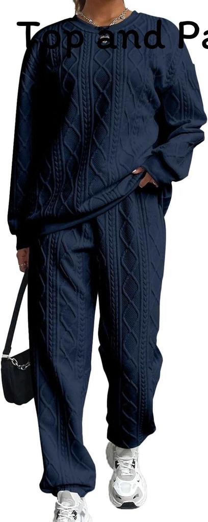 Autumn Winter Trendy Geometric Pattern Knit Pantsuit For Women Casual Lounge Wear