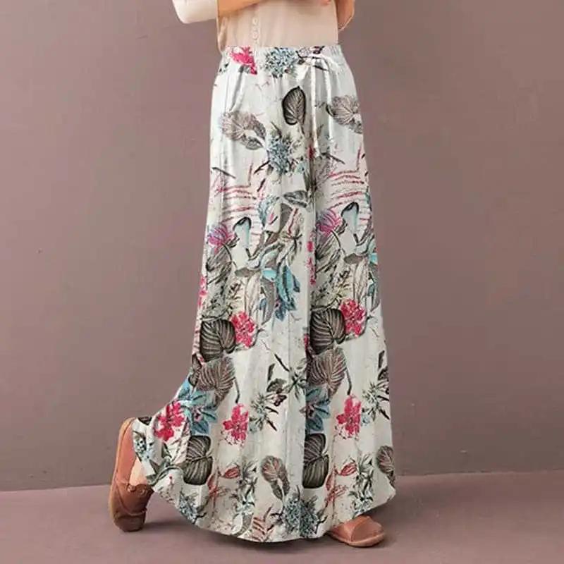 Floral Print Wide Leg Women Pants Spring Drawstring Bohemia Trousers Lady Casual Loose Elastic Waist Pantalonsw