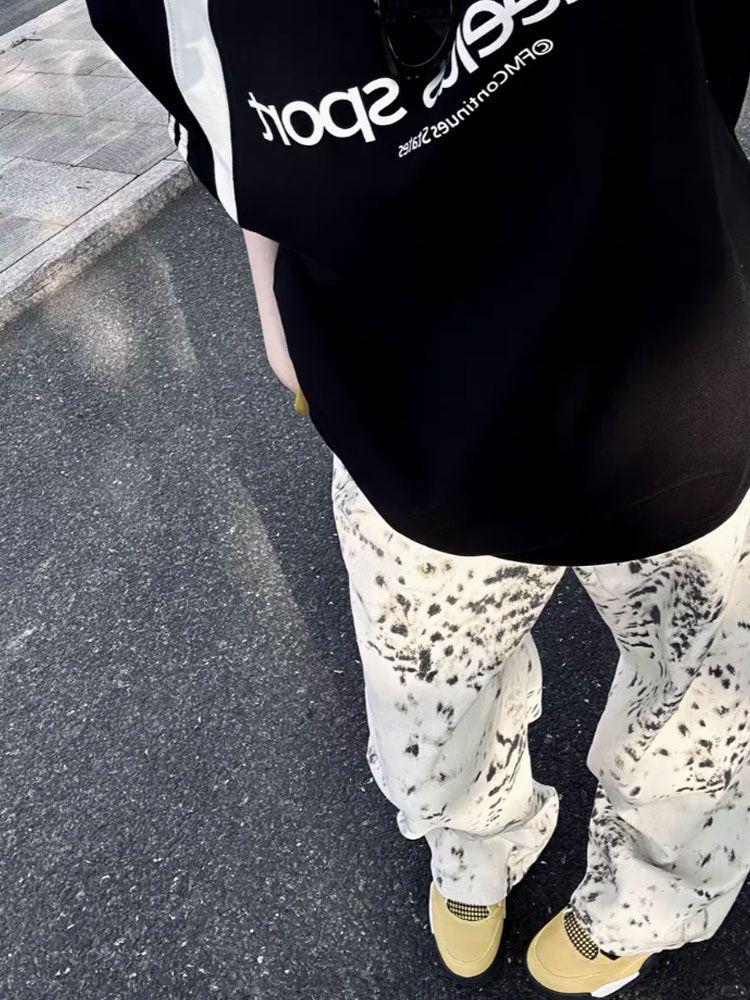 Leopard Print High-Waist Straight-Leg Denim Pants - Retro Autumn Fashion