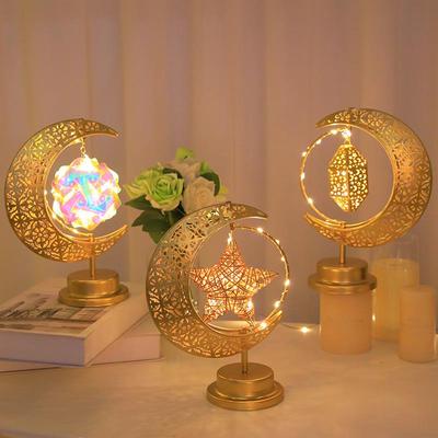 Rotatable LED Wrought Iron Moon & Star Lamp – Middle Eastern Inspired Decorative Desk Ornament.
