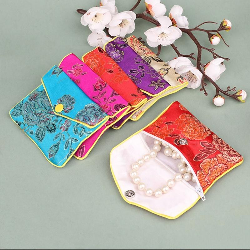 Antique Styles Brocade Jewelry Storage Pouch Portable with Closure for Earring and Rings Organization Secure Keeping