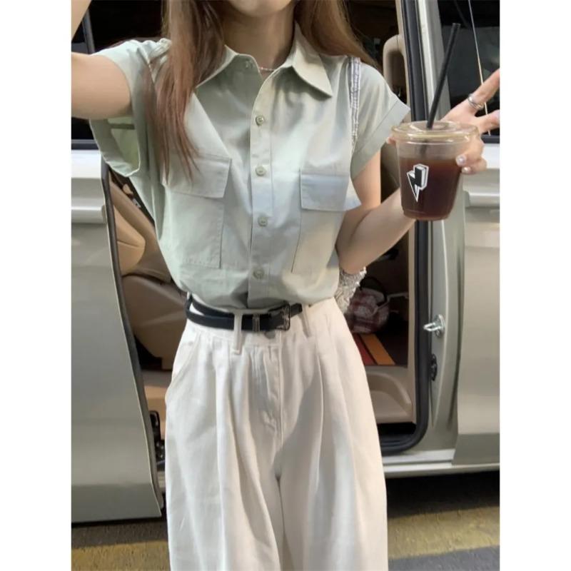 Women's Short-Sleeve Shirt Oversized Casual Button-Down Blouse