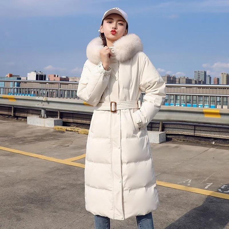 Nova jaqueta de inverno feminina parkas gola de pele com capuz algodão acolchoado casaco longo coreano solto quente engrossar outwear