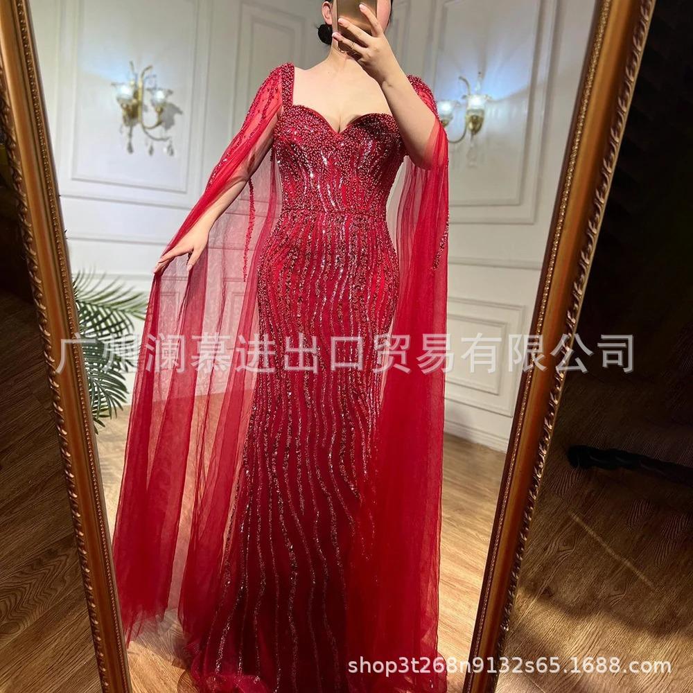 European and American high-end blue elegant flying sleeves fishtail dress banquet host performance evening dress LA11111