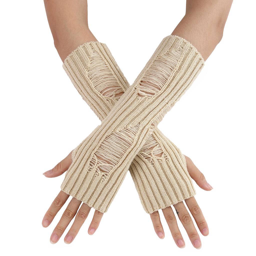 Perforated and Hollowed Out Woolen Gloves for Autumn and Winter Mid Length Fingerless  Warm and Fashionable Knitted Arm Covers for Women