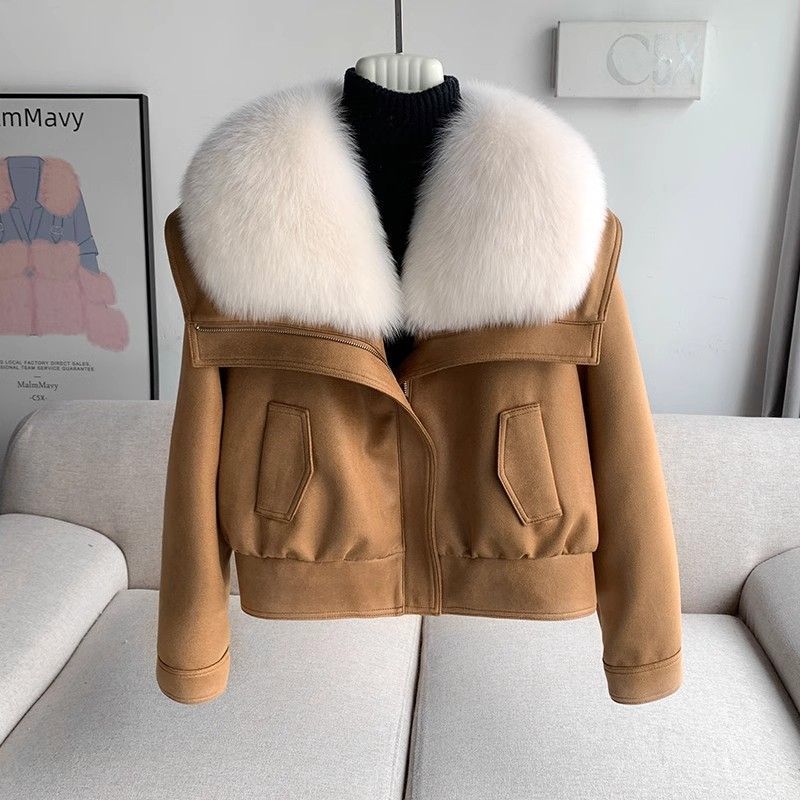 Winter Imitation Fuchs Pelz Kragen Pelz Jacke Wildleder Unten Baumwolle Liner Kurze Lokomotive Junge PU Lederjacke