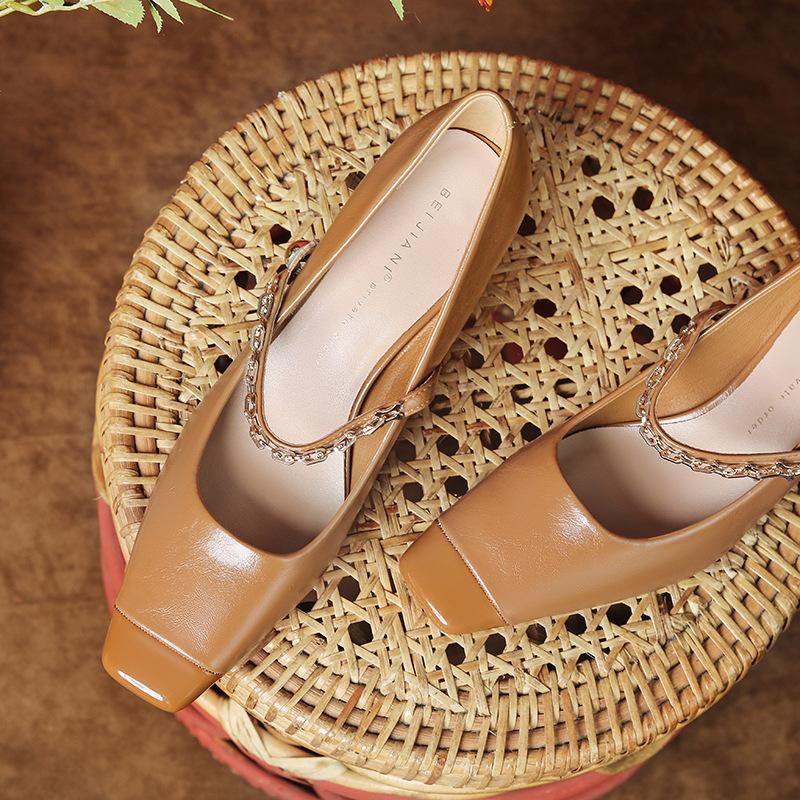 

Sheepskin thick heel Mary Jane women s shoes spring and autumn high heel with skirt square head one-word buckle strap single shoes 39