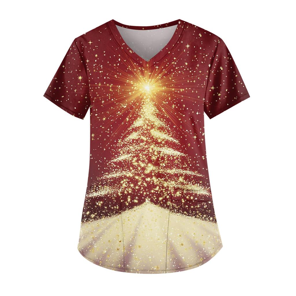 Women's Fashion V-neck Short Sleeve Workwear With Pockets Printed Tops