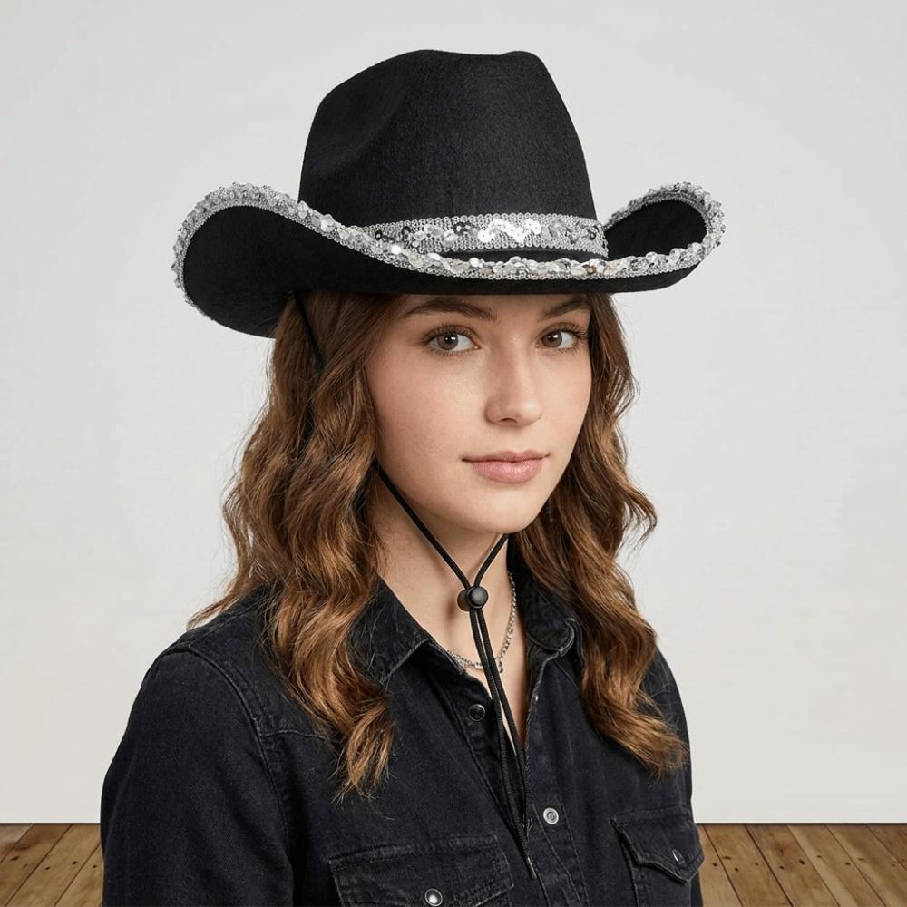 Solid Color Western Cowboy Hat Wide Brim Sequin Cowgirl Hat Casual Top Hat Girl