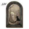 Vertical Wooden Sign Pendant Halloween Vintage Arch Sign, Gothic Spooky Ghost Wall Hanging Decor Dark Floral Print with Bracket, Rustic Aesthetic Home