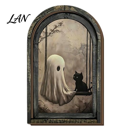 Vertical Wooden Sign Pendant Halloween Vintage Arch Sign, Gothic Spooky Ghost Wall Hanging Decor Dark Floral Print with Bracket, Rustic Aesthetic Home