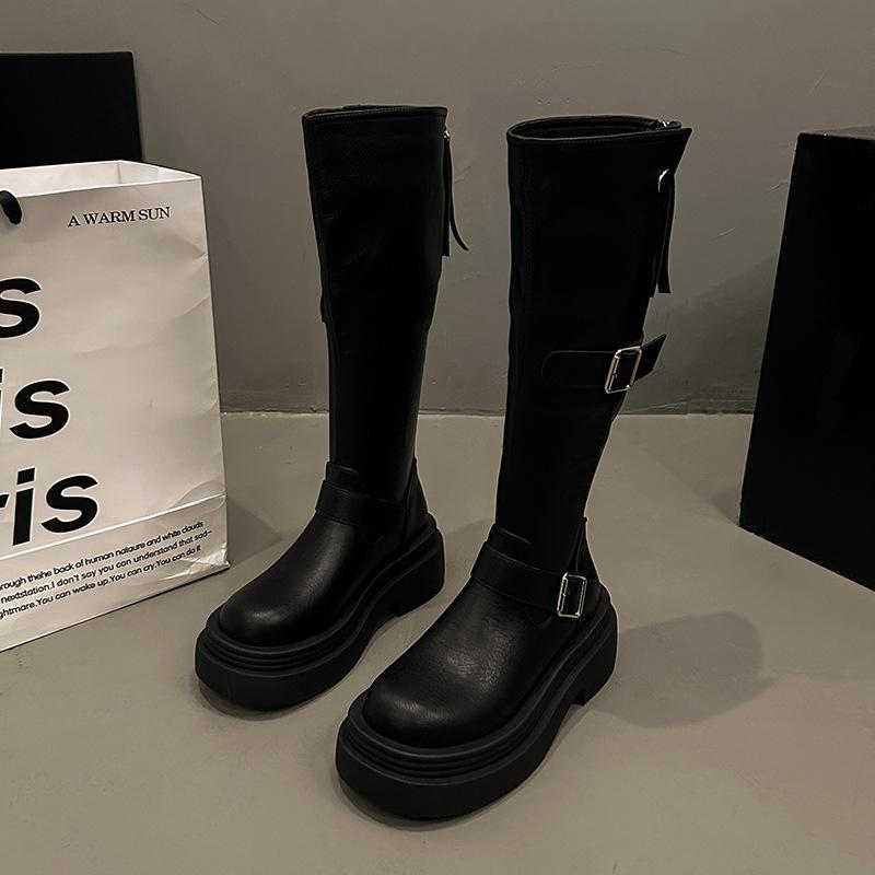 Gürtelschnalle Dicke Sohle Quadratischer Absatz Damen Kurzstiefel Herbst und Winter Retro Hohe Stiefel Muffin Skinny Spice Girl Motorradstiefel
