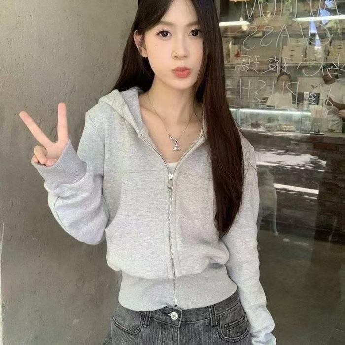 Women s Fashionable Gray Hooded Fleece-Lined Sweatshirt Jacket for Autumn/Winter L серый