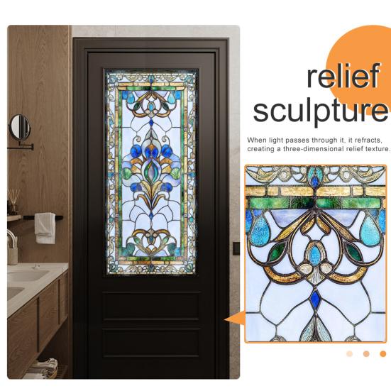 Yousheng Privacy Window Film Vintage Stained Glass Style Static Window Cling Decorative Glass Sticker for Cabinet Bathroom Kitchen Door Panel
