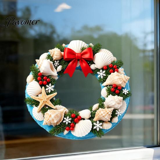 Waterproof Glass Window Film Ocean Style Christmas Wreath Stickers, PVC Static Decals with Sunproof Stickers Conch And Shell Elements, Seaside Clings