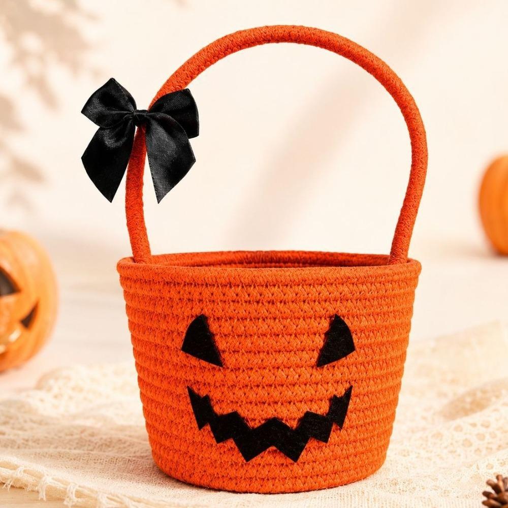 Baumwollseil Handgehaltene Leckerli-Körbchen Geflochtenes Kürbis-Geschenkkörbchen Kürbis-Süßigkeiten-Eimer Halloween