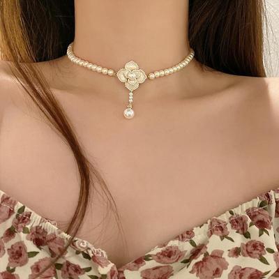 Pearl Flower Jewelry Set Women Sweet Elegant Pearl Necklace Earrings Ring Sweet Choker  Wedding Jewelry