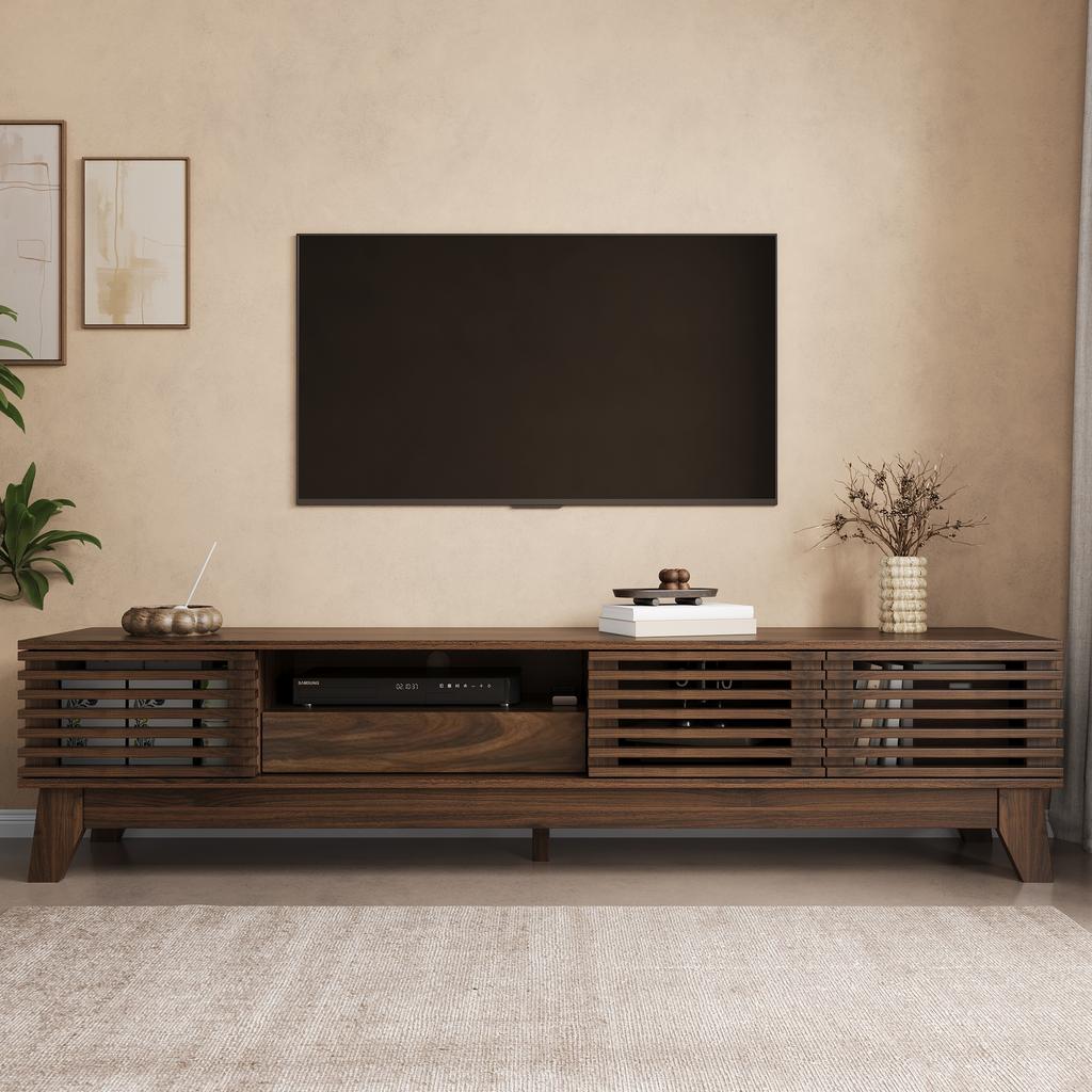 TV Lowboard TV Cabinet Multimedia Cabinet with 3 Doors, Drawer and Open Compartments, Grooved Front, MDF, Modern TV Furniture for Living Room