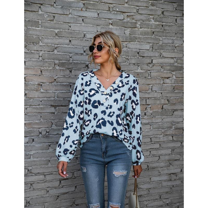Plus Size Leopard Print V Neck Off The Shoulder Long Sleeved Top for Women