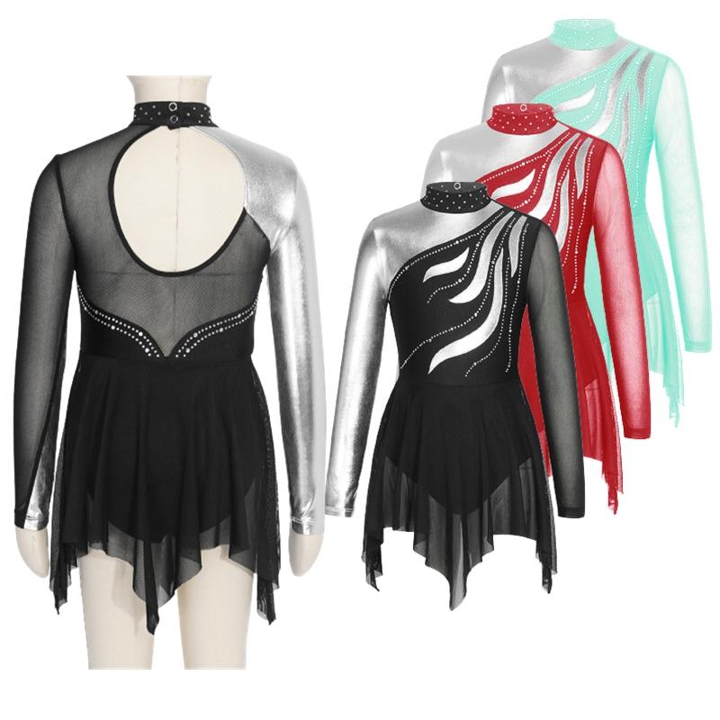 Robe de danse élégante pour enfants filles, manches longues, décor de strass, dos creux, pour le patinage