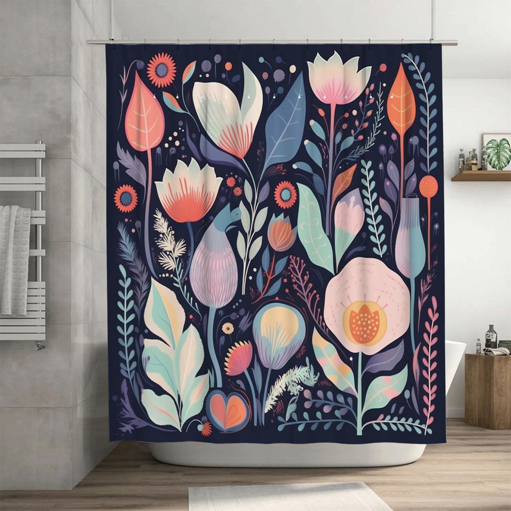 Chic Floral Shower Curtain Set Bold Navy Blue Soft Pastel Decorative Bath Fabric for Bathroom Modern Print Curtains with Hook Ri