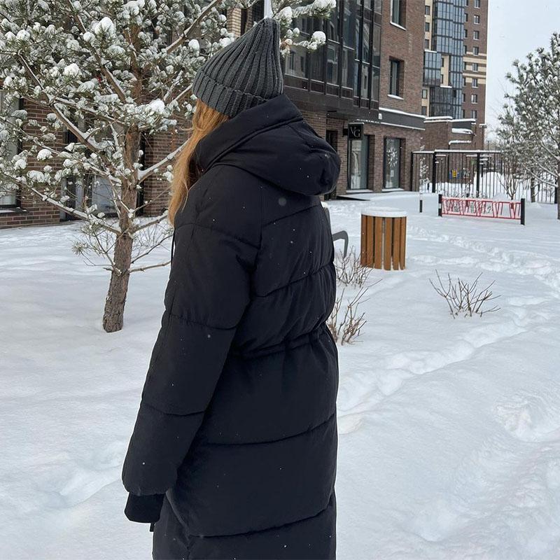 Casaco de Algodão de Pena Feminino Longo Inverno Espessado Acima do Joelho Solto com Capuz