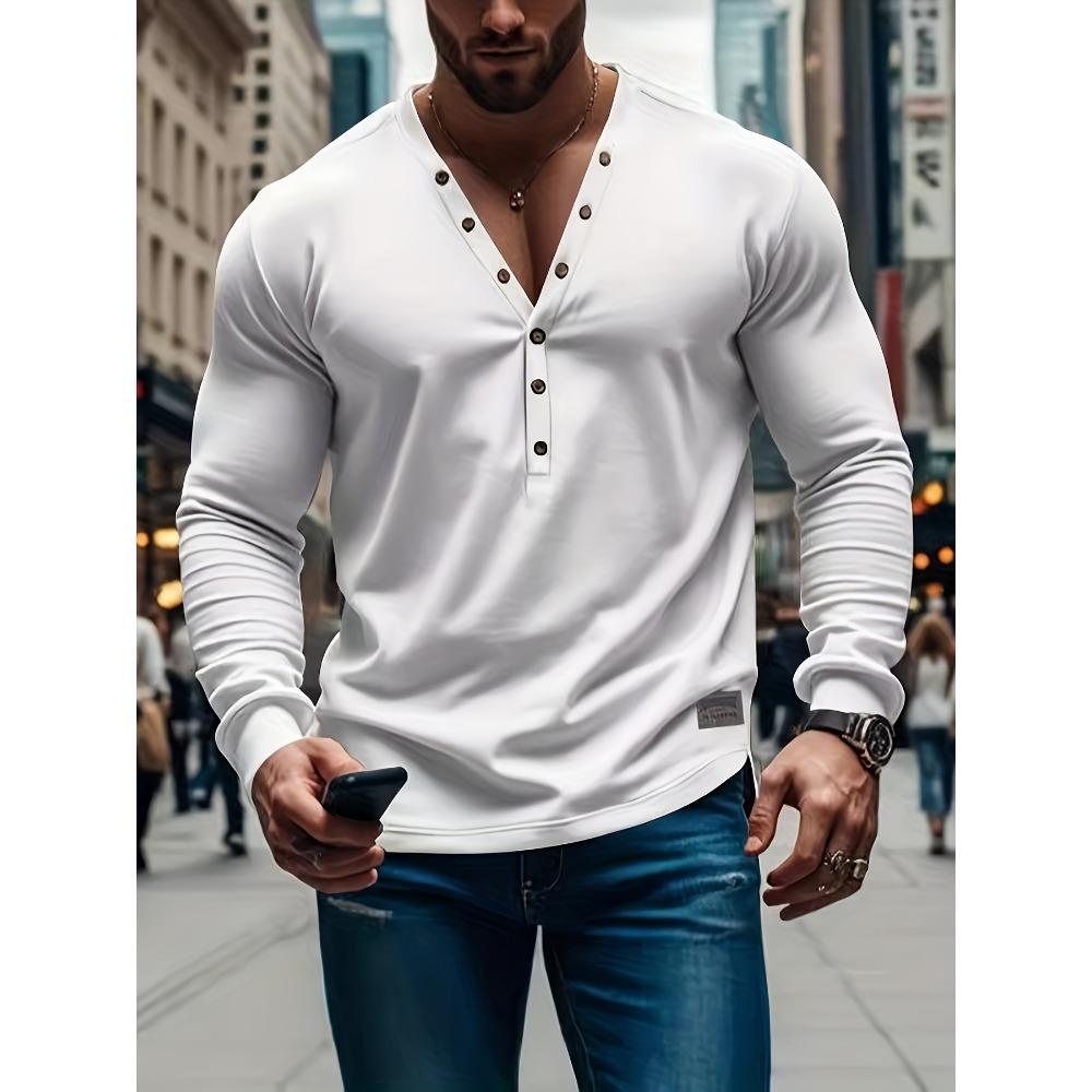 Top casual da uomo a maniche lunghe, tinta unita, vestibilità slim, con bottoni e scollo a V