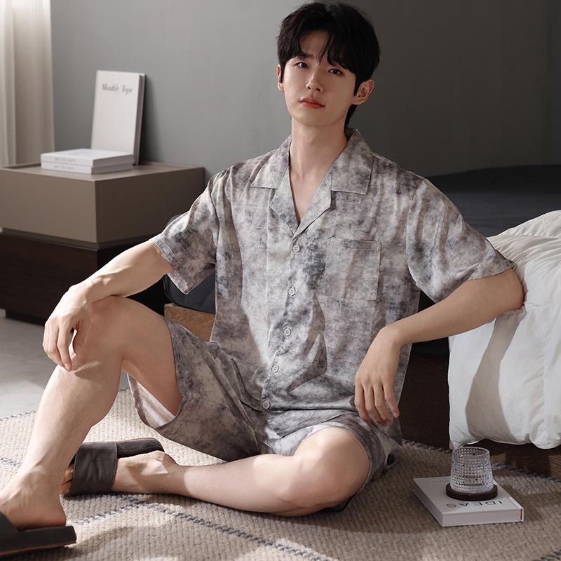 Ice silk pajamas men's summer 1011 new short-sleeved black high-end simulation silk summer loungewear set