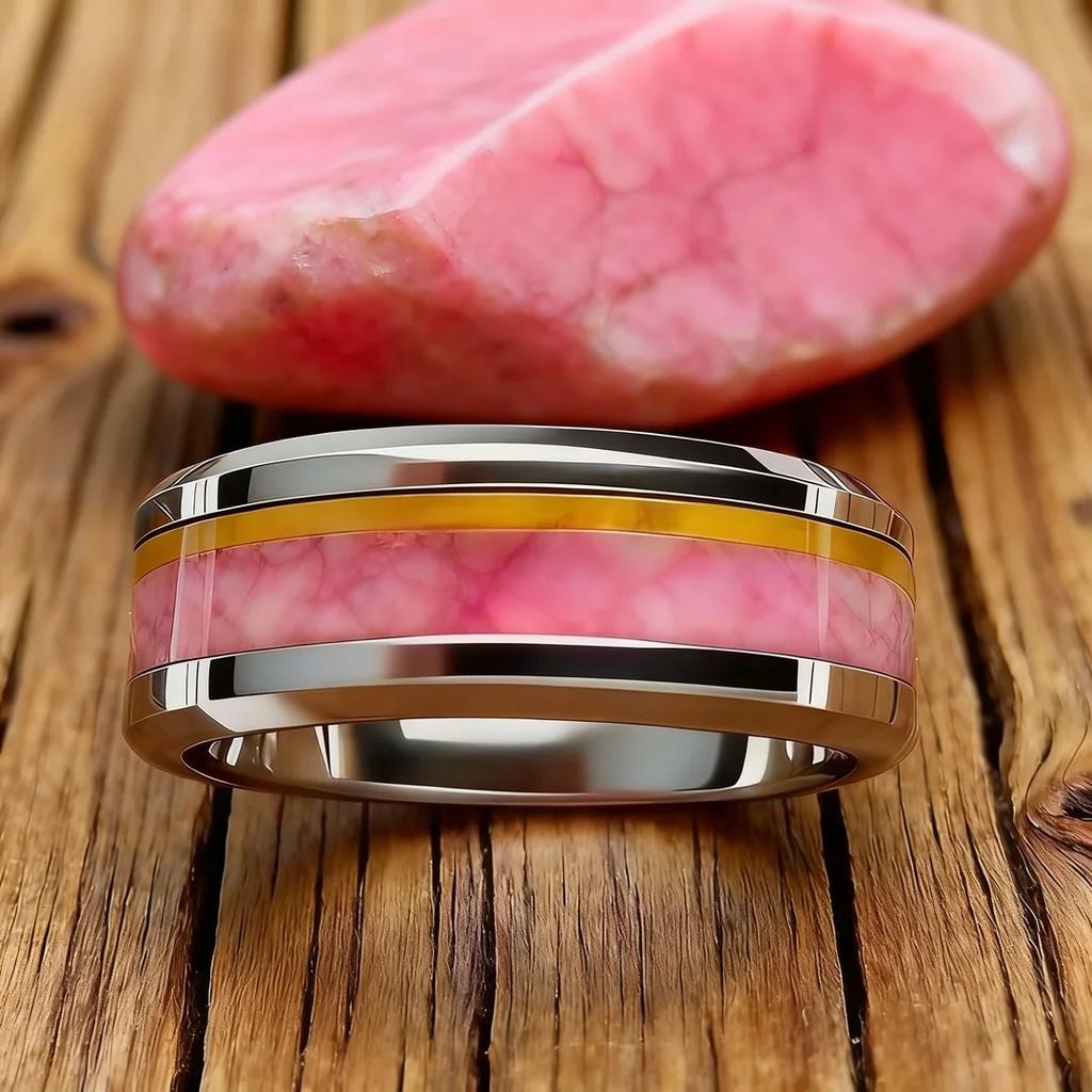 Fashion 8mm Men Stainless Steel Ring with Turquoise and Pink Abalone Shell Inlay Rings for Men Women Wedding Jewelry Drop Ship