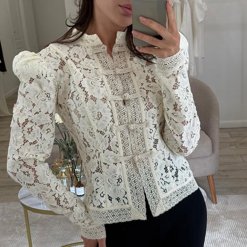 Elegant Lace Shirts Tops Female Hollow Out Commute Vintage See-Through Blouses Single Breasted Shrug Shirts New