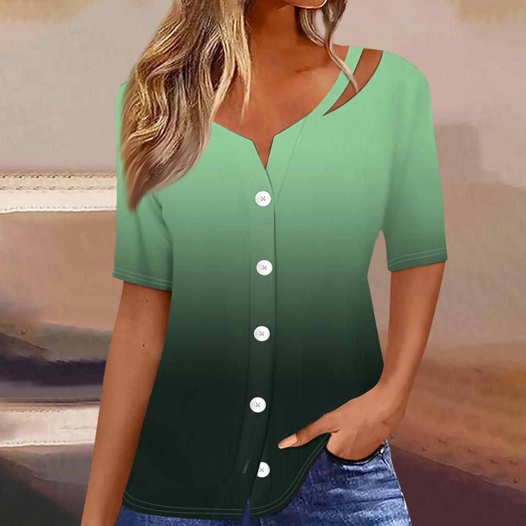 Damen T-Shirt mit Aufdruck, kurzärmelig, V-Ausschnitt, Knopfleiste, Strickjacke, T-Shirt, Top