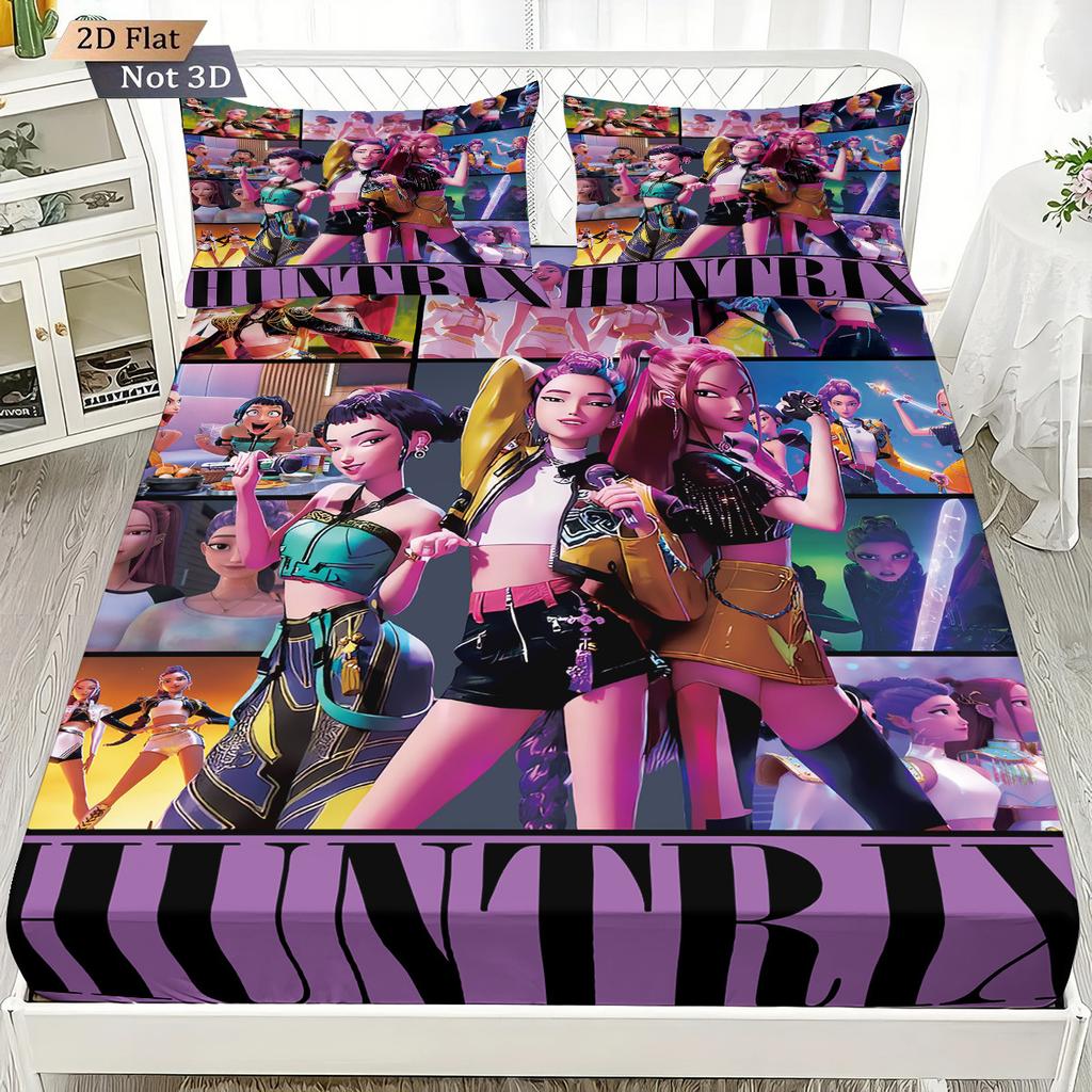 1pc K-Pop Demon Hunters Fitted Sheet Polyester Durablle Machine Washable Bedding Set for Home Bedroom Decoration Birthday Gift