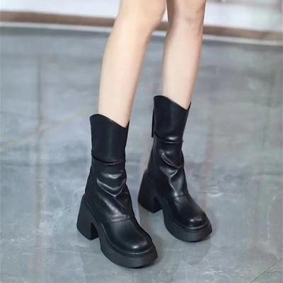 Otoño Invierno Zapatos de Mujer Cuero Botines Cortos para Mujer Punta Redonda Botas de Tacón Grueso Botines con Cremallera al Tobillo Tacón de Plataforma Femenino