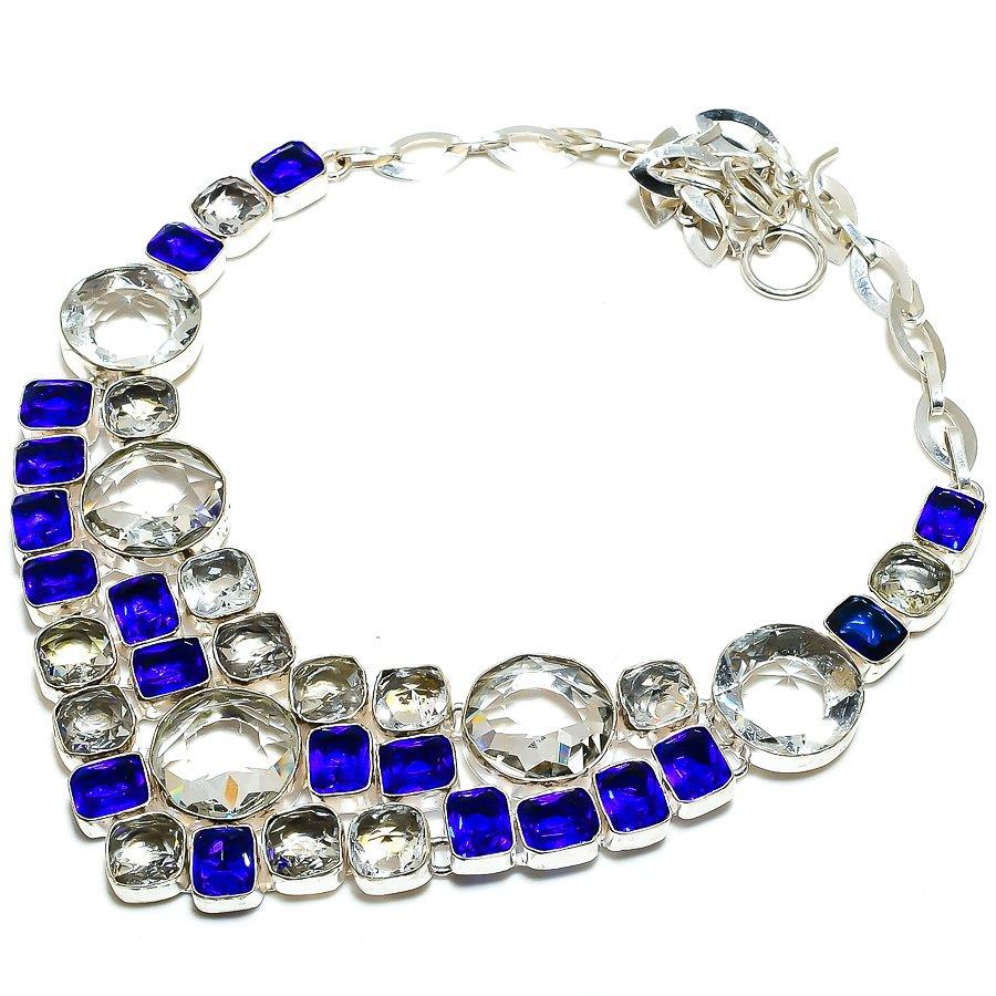 

White Topaz, Blue Topaz Gemstone 925 Sterling Silver Jewelry Necklace 18 SU-9755