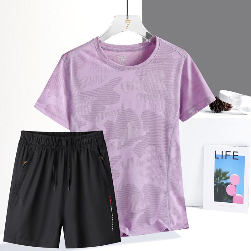 Women's Quick-Dry Camouflage Sports Set – Ice Silk Short Sleeve Top & Shorts