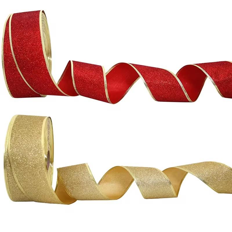 Panglici decorative cu sclipici de 200 cm * 6,3 cm Panglică roșu argintiu auriu cu sârmă de fier Panglici pentru decorațiuni de Crăciun pentru artizanat funde