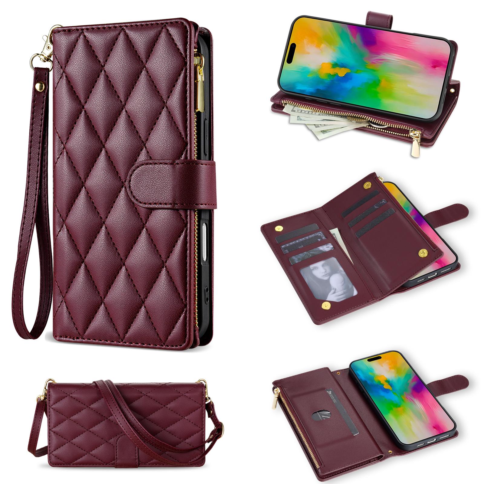 

For iPhone 17 Pro Case Rhombus Stitching Leather Wallet Phone Cover with Long/Short Strap Wine Red