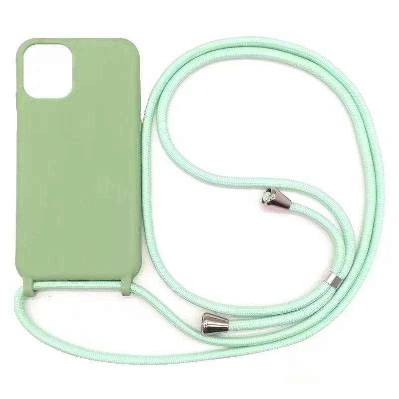 Matte Silicone Phone Case for IPhone 13 12 Mini 16 15 14 11 Plus Pro Max Crossbody Lanyard Necklace Strap Candy Color Soft Cover