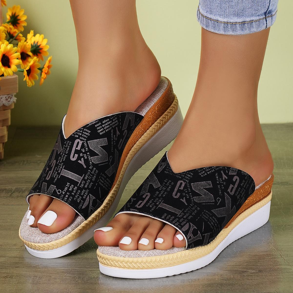 

fashion Pink Letter Printing Wedge Slippers Women Lightweight PU Leather Platform Sandals Woman Summer Comfort Non Slip Beach Slippers 36 чорний