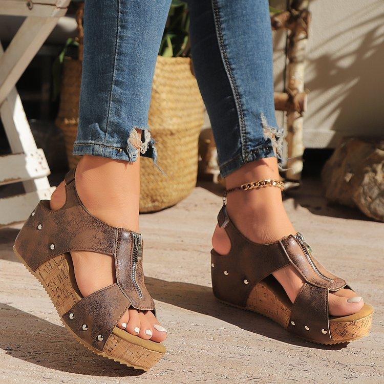 Dames Sandalen met Open Teen, Platte Schoenen met Studs en Sleehak, Casual Schoenen in Europese Stijl voor Dames