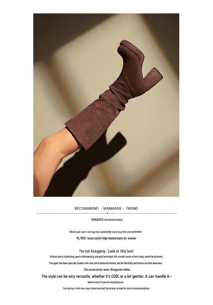 Stivali Alti da Donna in Camoscio con Tacco Chunky e Punta Tonda - Piattaforma Impermeabile Pieghettata Autunno/Inverno.